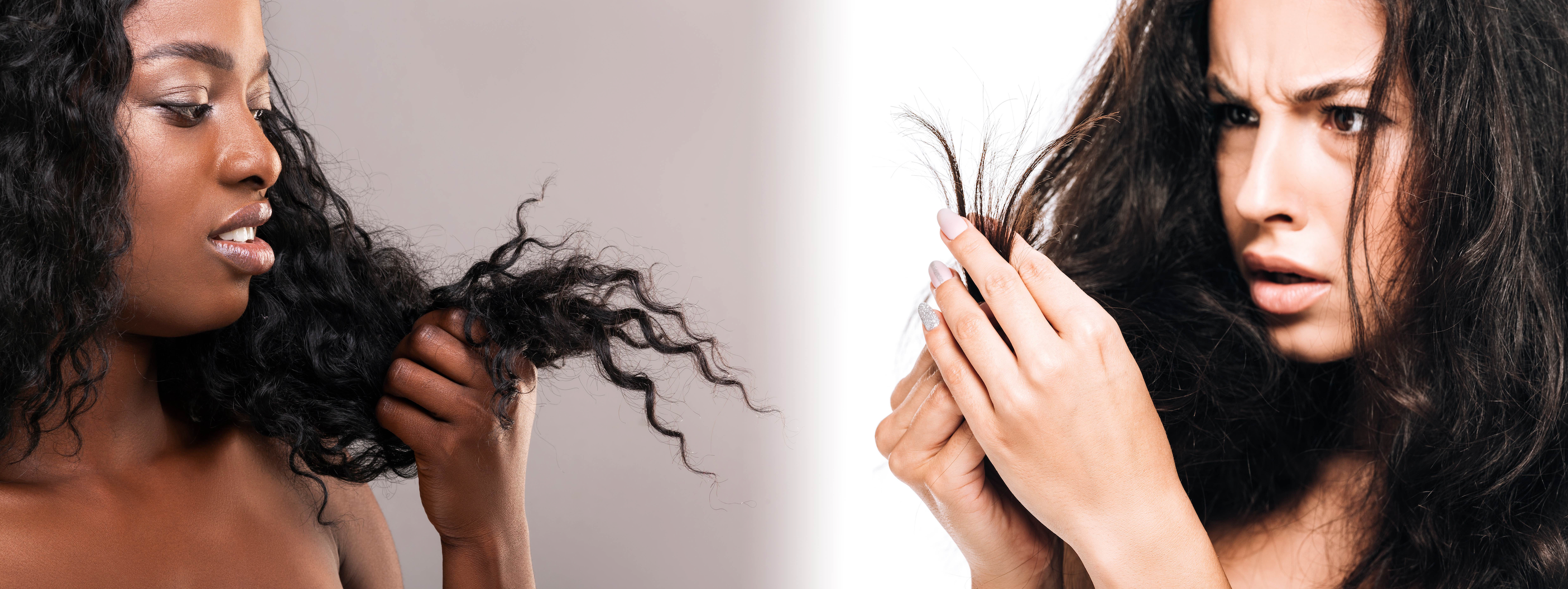 Woman with dehydrated hair and woman with damaged hair looking concerned