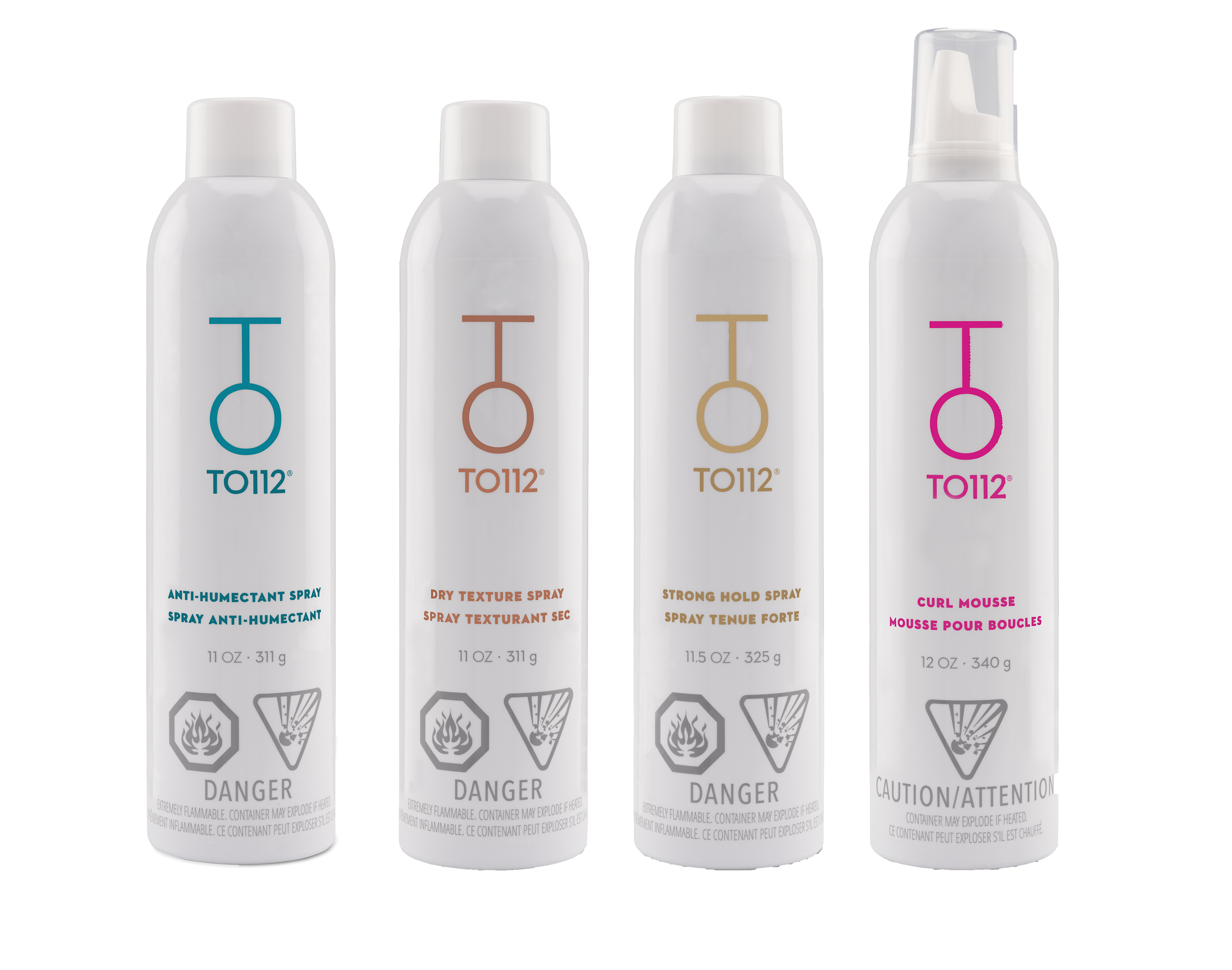 TO112 Anti Humectant Spray, TO112 Strong Hold Spray, TO112 Dry Texture Spray and TO112 Curl Mousse against white background