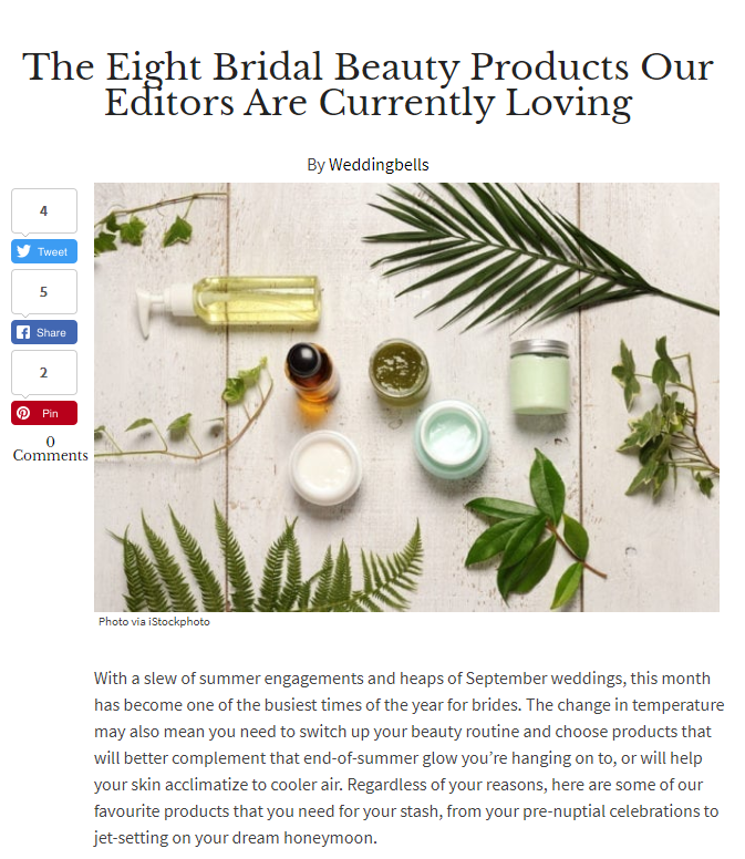 wedding bells magazine featuring TO112 eight bridal beauty products
