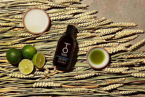 To112 bottles of normal shampoo lying on top of wheatgrass beside lime slices and bowl of green tea extract