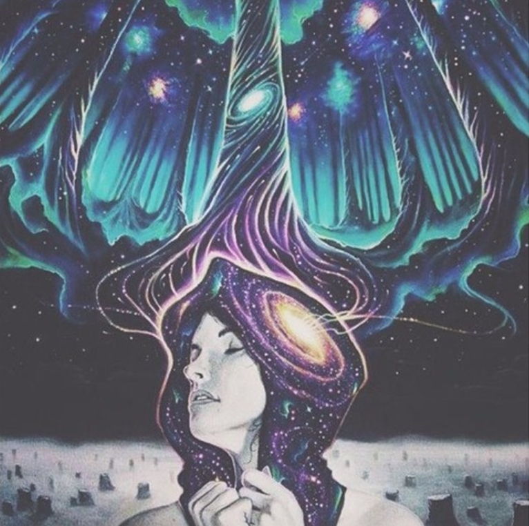 Dreamscape image of a woman with a tree and universe growing from the top of her head. Image represents the solfeggio frequencies, specifically, 528 Hz